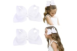 DEEKA 2 PCS 6" Big Hand-made Grosgrain Ribbon Solid Color Hair Bows Alligator Clips Hair Accessories for Little Teen Toddler Girls Kids Set of 2 -White