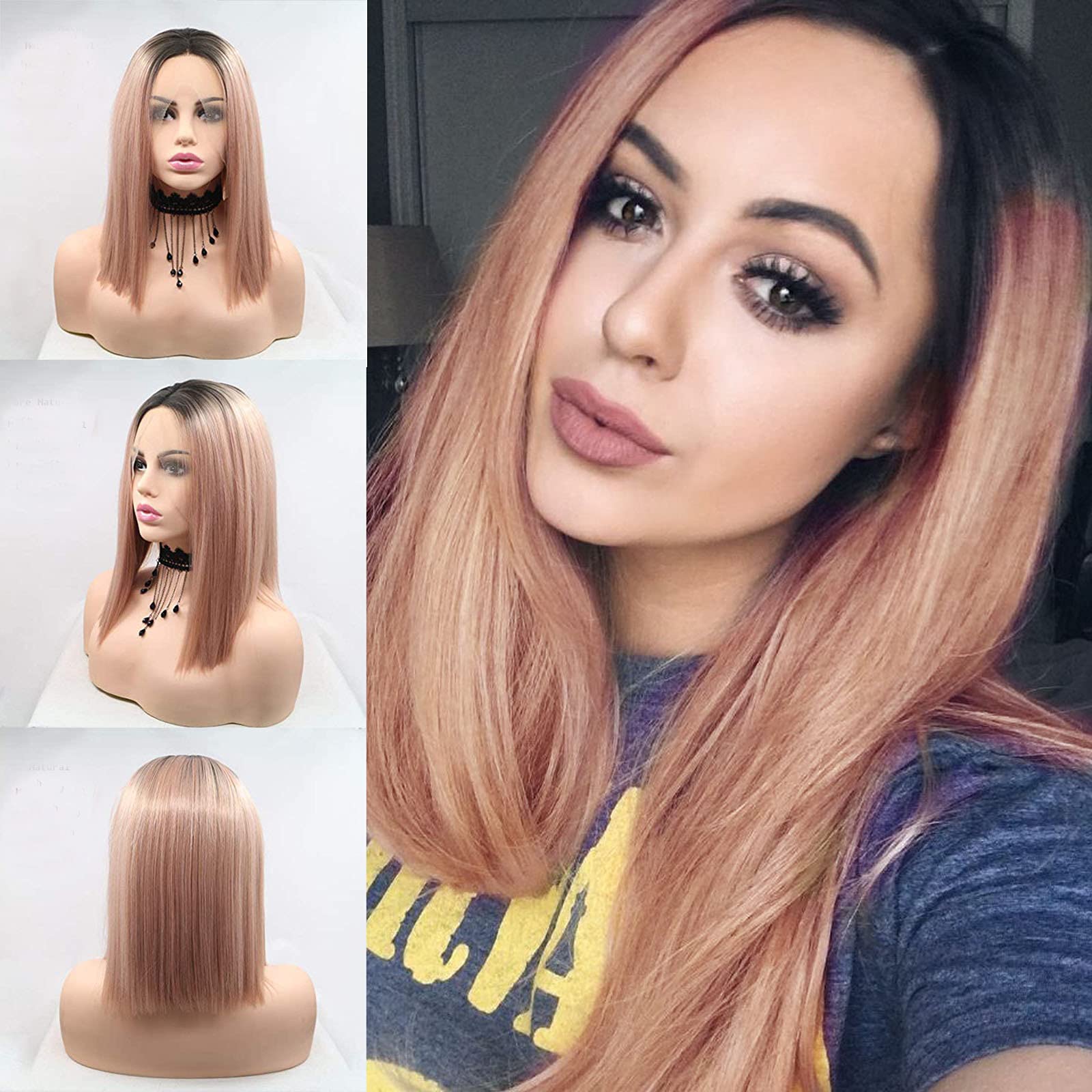 Pink Short Bob Lace Front Wigs for Women,Short Pink Bob Natural Straight Synthetic Lace Wig with Middle Part Heat Resistant Pink Wig for Cosplay Party Use 14 inches