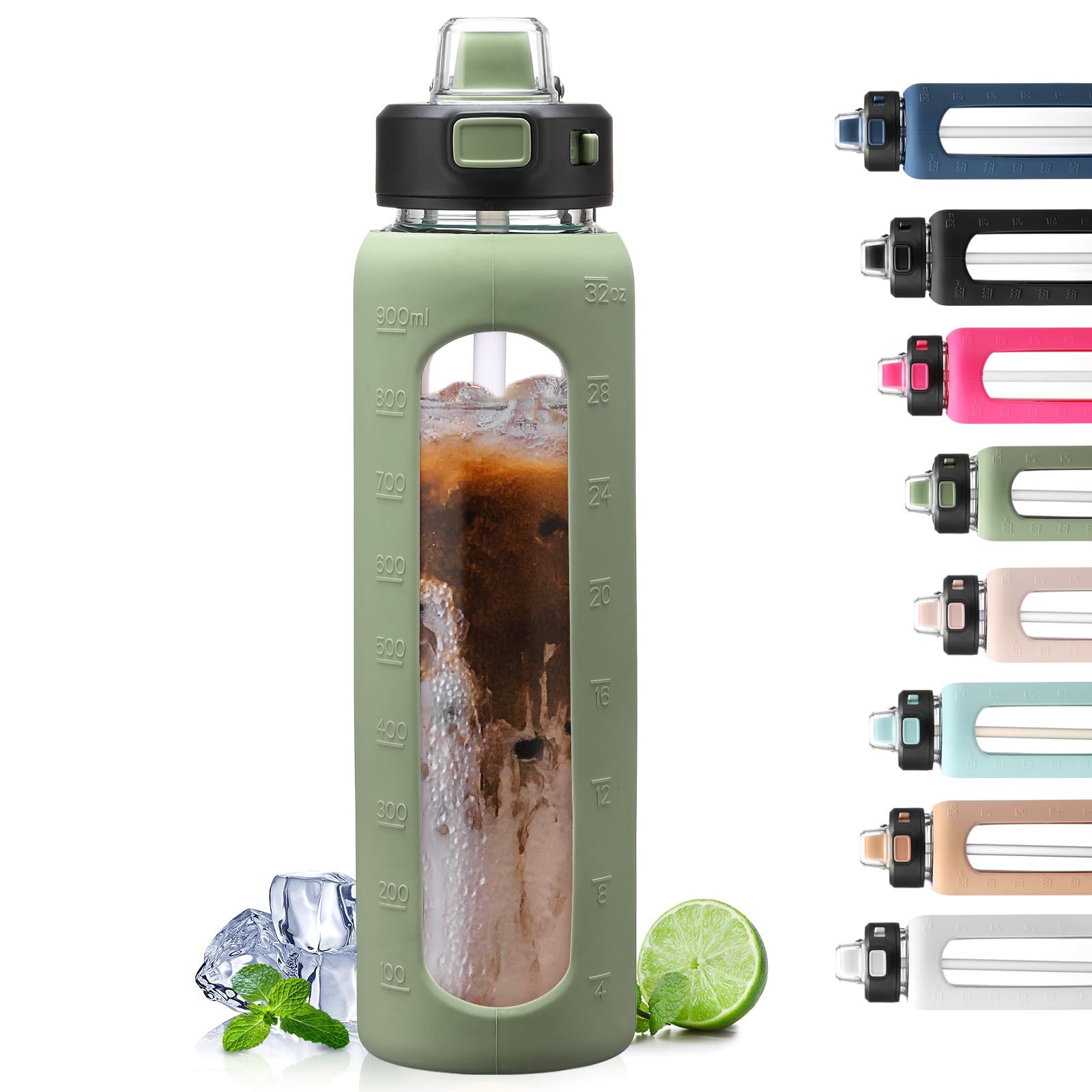 BLUEGO 900ml Glass Water Bottle with Handle and Straw Drinking Hydration Bottle with Silicone Sleeve and Time Marking Motivational Water Bottle for Gym Sports Outdoor Leak-proof,Oliver