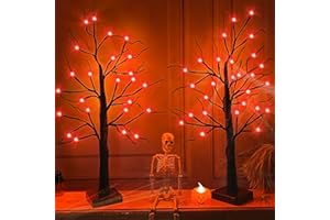 TURNMEON 2 Pack 24 Inch Halloween Birches Tree Decorations with Timer Total 48 LED Orange Lights Battery Powered Tabletop Artificial Black Spooky Tree for Halloween Decorations Indoor Home Decor