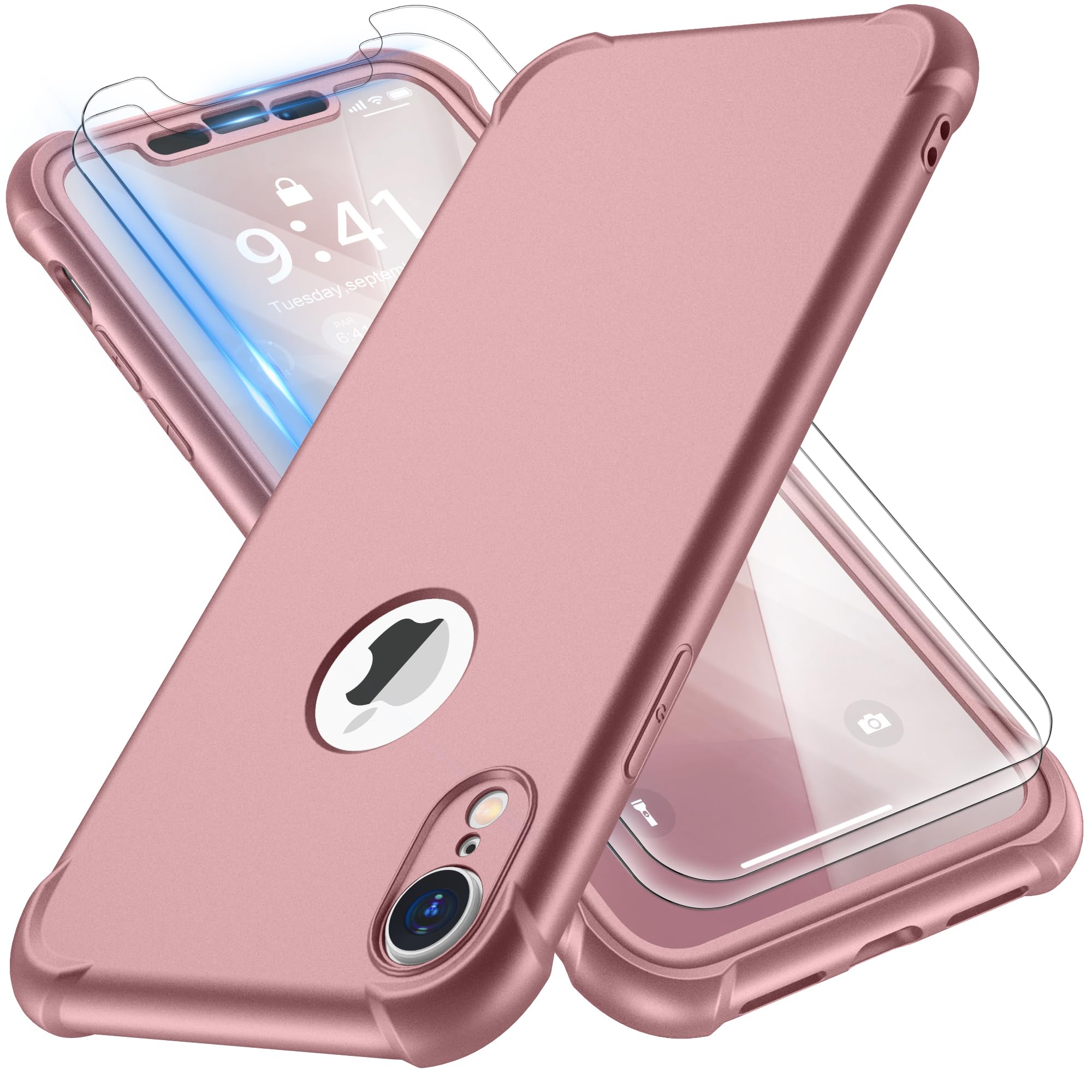 ORETECH for iPhone XR Case, with [2 Pack 9H Screen Protectors] [10 Ft Military Grade Drop Test] [Camera Protection] 360 Shockproof Ultra Thin Anti Scratch Hard PC Silicone Bumper Cover - Rose Gold