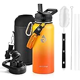 RAYMYLO Insulated Water Bottle 32 oz, Triple Wall Vacuum Stainless Steel (Cold for 48 Hrs), Leak Proof & Non-BPA, Modern Water Flask Jug with Paracord Handle & Straw Spout Lids, Ombre Orange