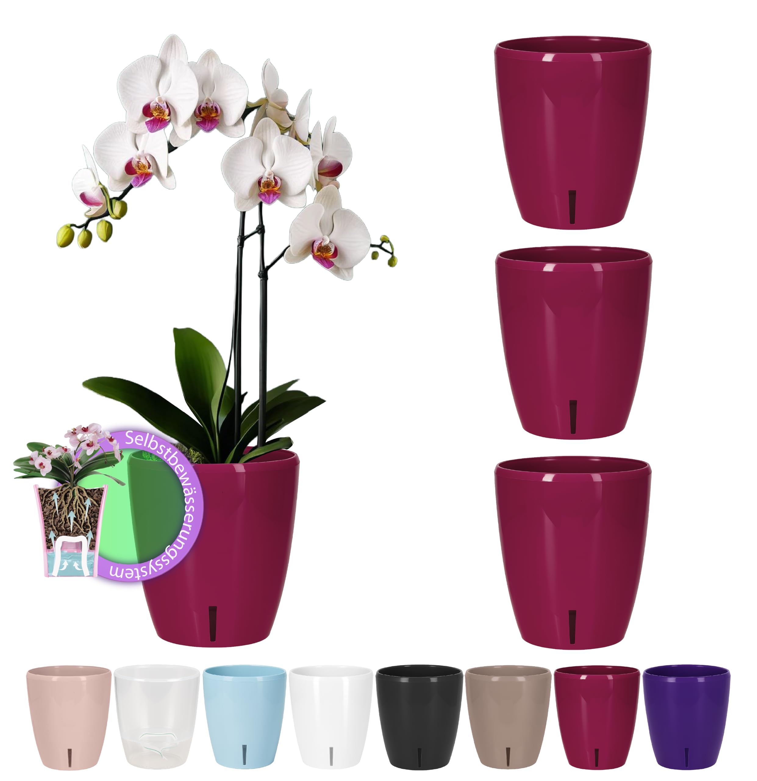 Santino SET OF 4 ORCHIDEA Self-Watering Orchid Pot - 15CM Self-Watering Decorative Planter with Wick System and Water Level Indicator (Ø 15 cm, H 18 cm, 2L - Purple)