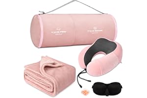 urnexttour Travel Pillow and Blanket Set Neck Pillows Travel Essentials with Sleep Mask for Airplane Car Memory Foam Pink