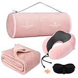 urnexttour Travel Pillow and Blanket Set Neck Pillows Travel Essentials with Sleep Mask for Airplane Car Memory Foam Pink