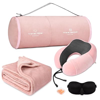 urnexttour Travel Pillow and Blanket Set Neck Pillows Travel Essentials with Sleep Mask for Airplane Car Memory Foam Pink