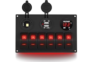 DaierTek 6 Gang Rocker Switch Panel 12V Marine Switch Panel Waterproof Red LED 5 Pin Marine Rocker Switch Panel with USB Ciga