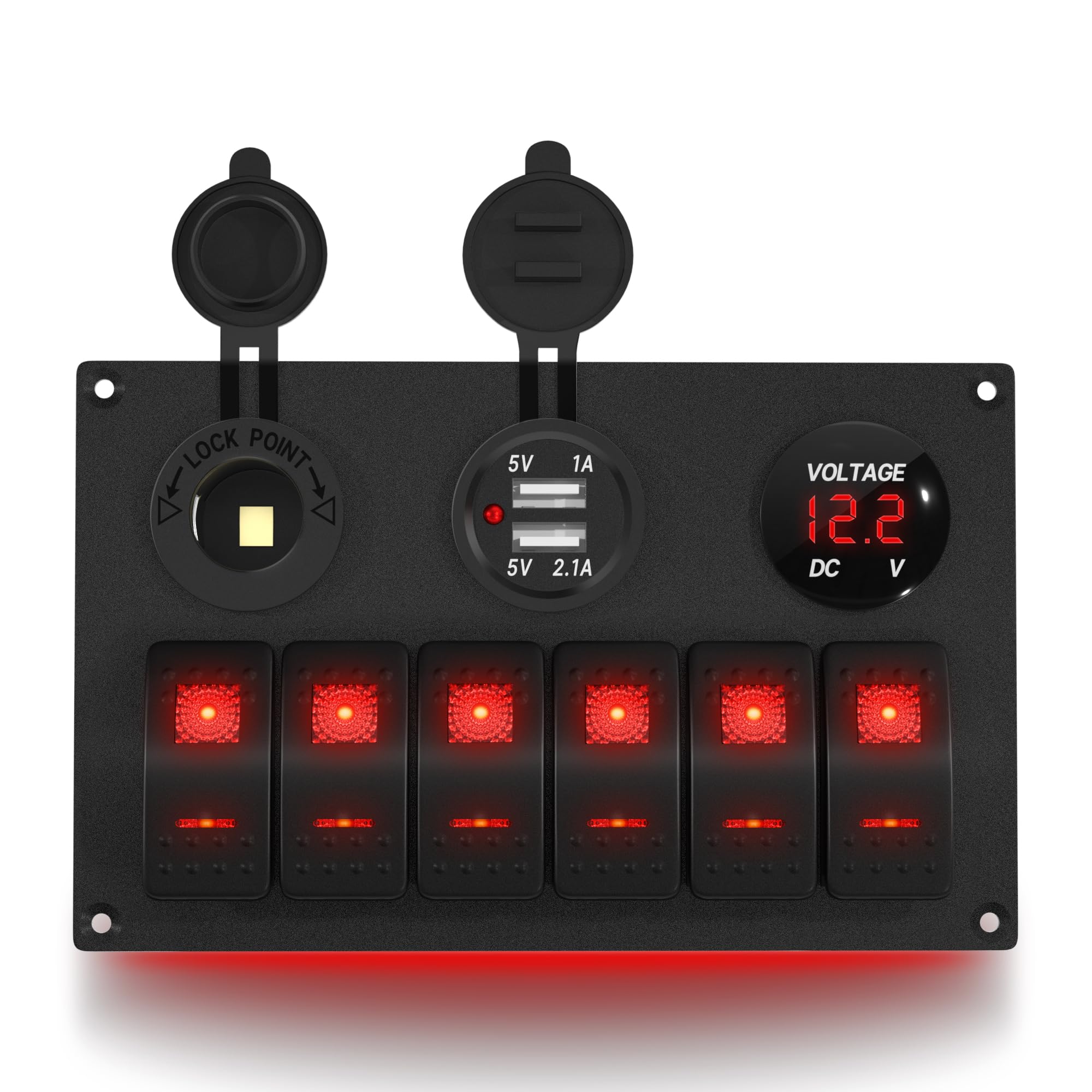 Photo 1 of DAIERTEK 6 Gang Rocker Switch Panel 12V Marine Switch Panel Waterproof Red LED 5 Pin Marine Rocker Switch Panel with USB Cigarette Lighter Socket Voltmeter for Boat Automotive Car