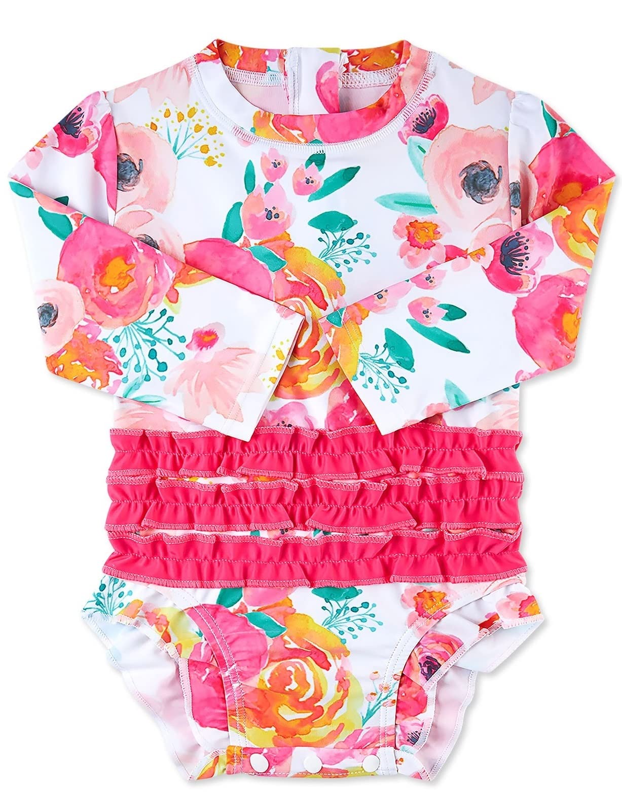 Photo 1 of Baby Girl Swimsuit 3-6 Months Pink Flower One Piece Bathing Suit Ruffles Long Sleeve Rashguard Swimwear with Snaps