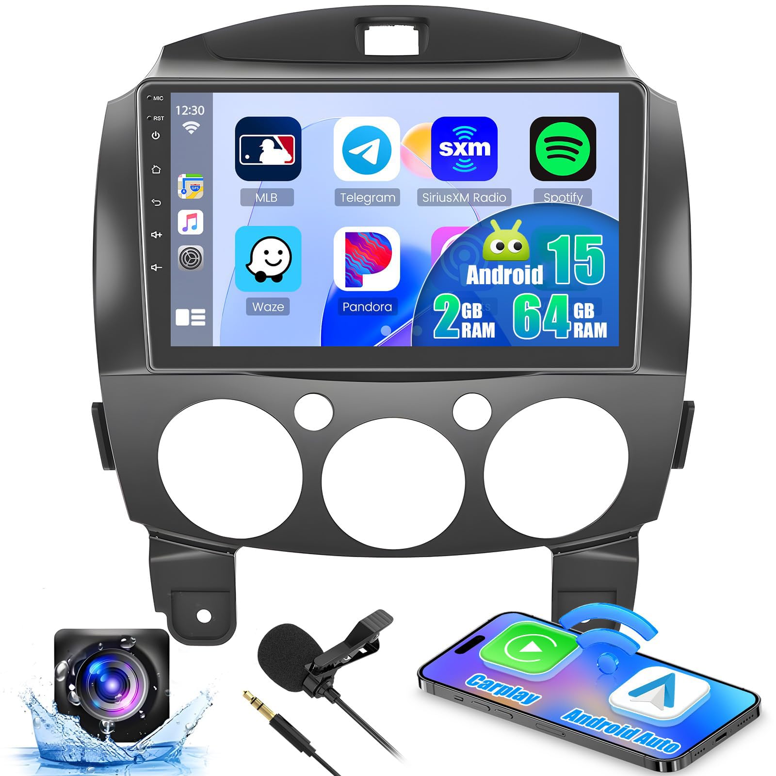 Photo 1 of 2+64G for Mazda 2 2007-2014 Android 15 Car Stereo Wireless CarPlay Android Auto,9 inch Touch Screen RadioWiFi Bluetooth GPS FM RDS+Free AHD Backup Cam