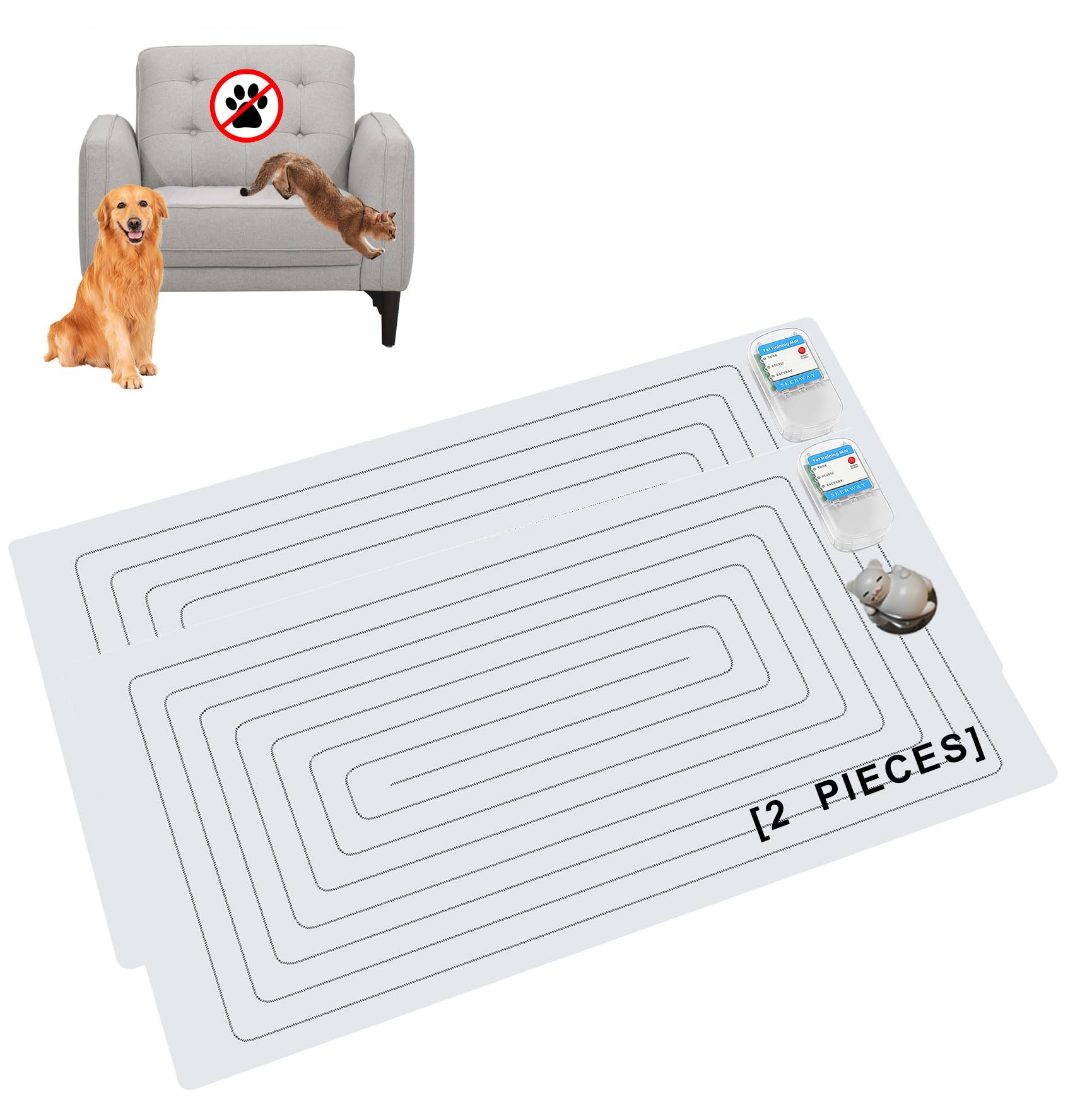 Photo 1 of SEERWAY Scat Pet Shock Mat 2 Pieces with Tester, Shock Pad for Dog and Cat Training Indoor, Electric Repellent Mat Keeps Pet Off Couch, Sofa, Countertop, 3 Modes, 2 Pieces Same Size, Battery Operated