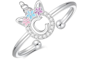 POSHJEW Unicorn Rings Gifts for Girls Daughter - Adjustable Initial Ring Dainty Cute Unicorn Rings for Girl Teens Little Girls Jewelry Birthday Gift