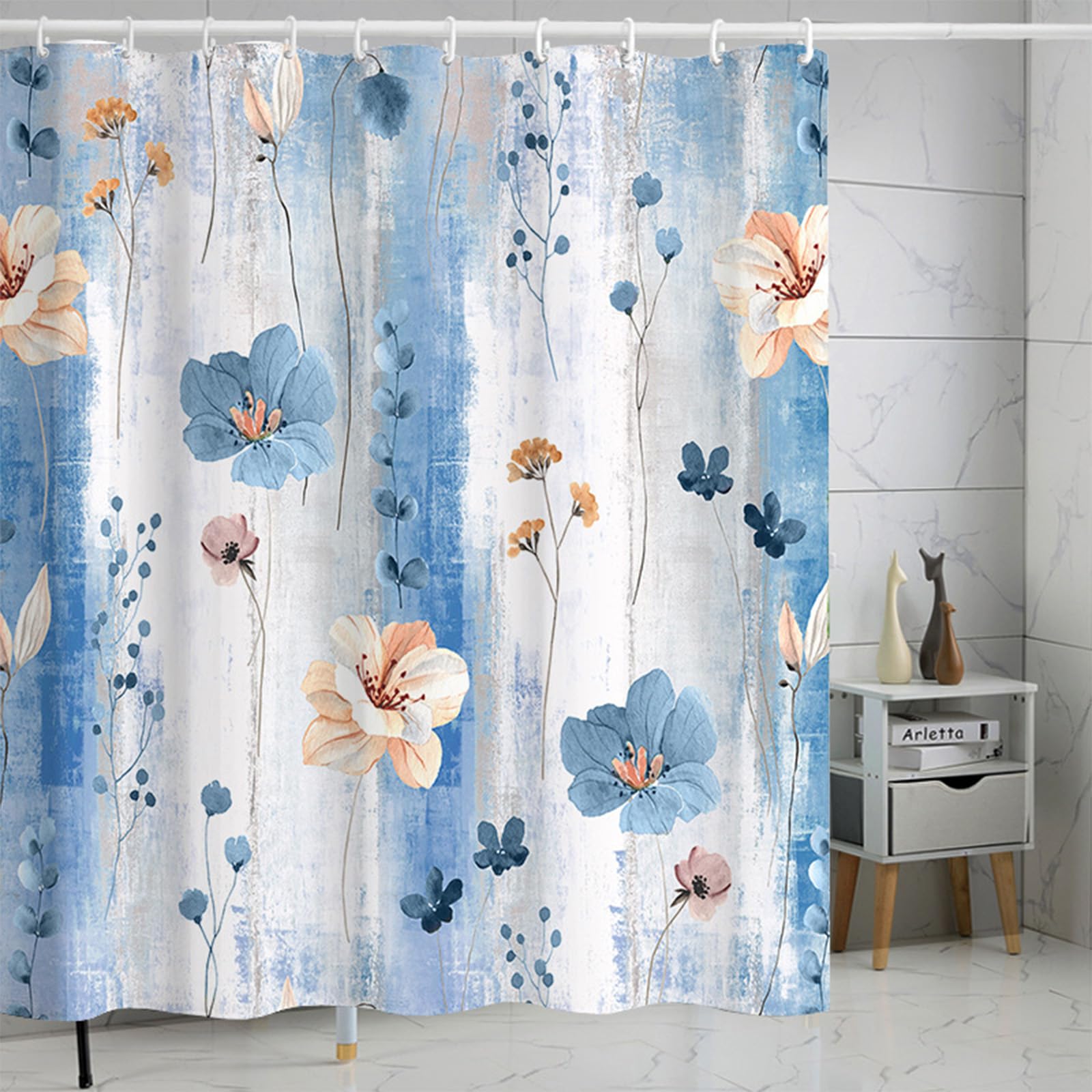 FAIRYGATE Bath Curtain Blue & White Shower Curtain Mould Proof Resistant for Wet Room 180 x 180 cm Floral Blue for Waterproof Polyester Shower Curtains Washable with 12 Hooks B8120