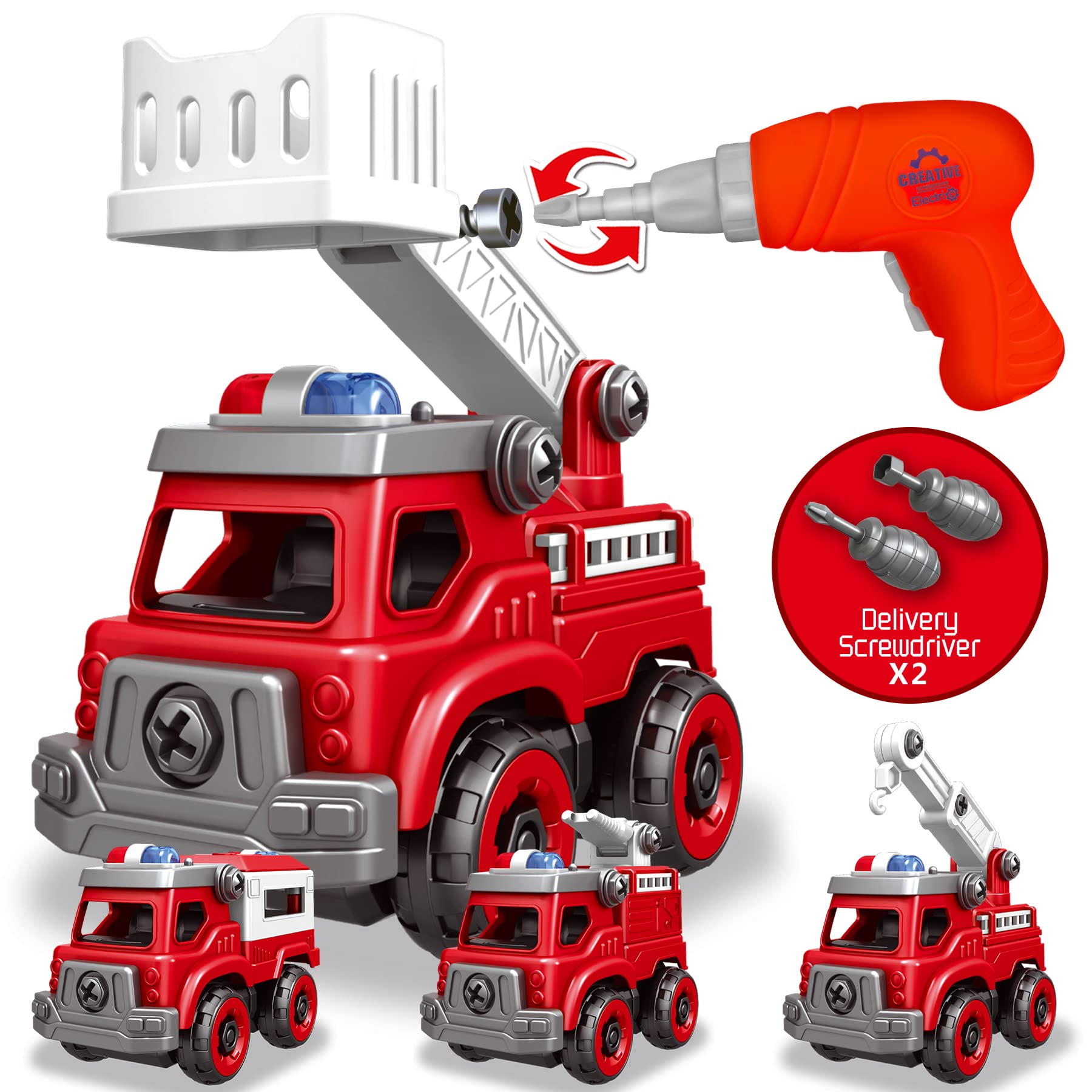 Photo 1 of 4-in-1 Take Apart Toys Truck with Electric Drill, DIY Assembly Fire Truck Toy Vehicles, Kids STEM Building Educational Cars Toys, Birthday Gifts for Age 3 4 5 6 7 8 Years Old Boys Girls