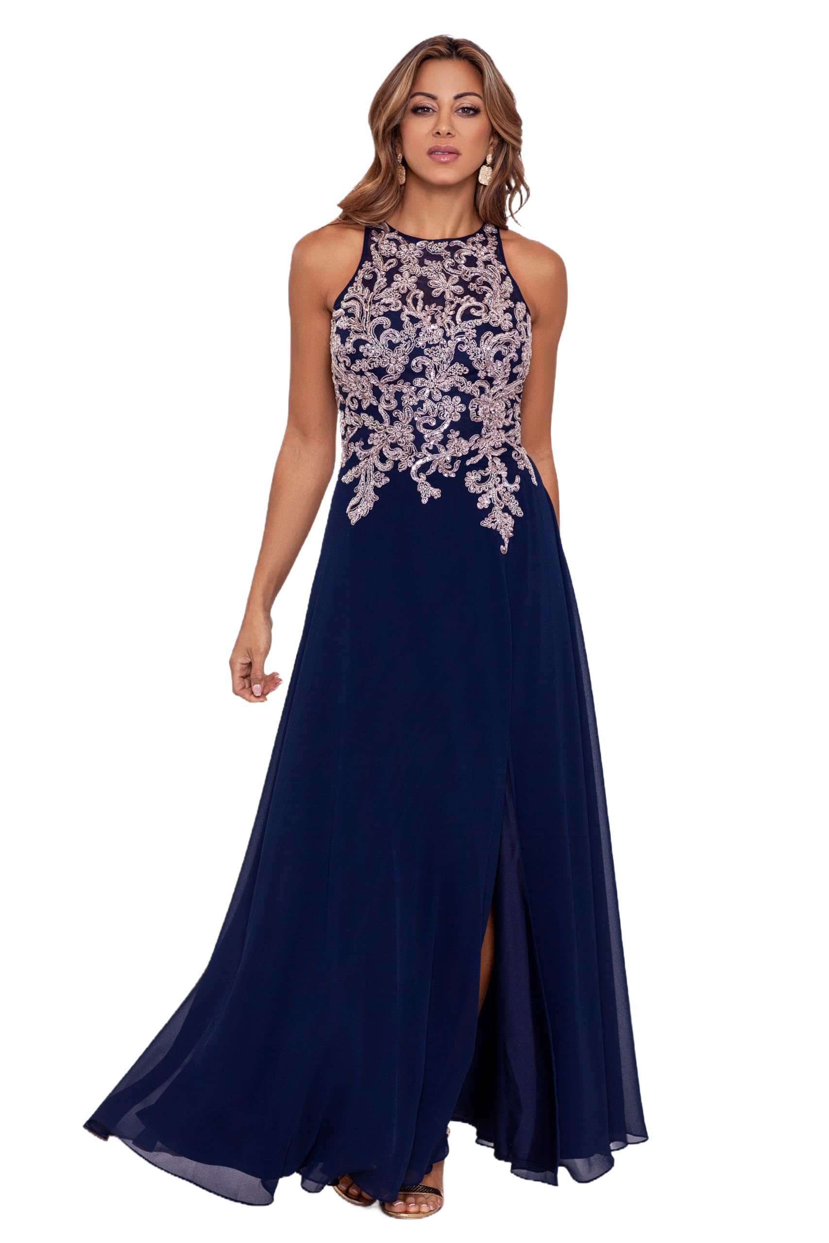 Photo 1 of Betsy & Adam Women's Long Chiffon Beaded Halter Dress with Open Back, Navy/Rose, 8