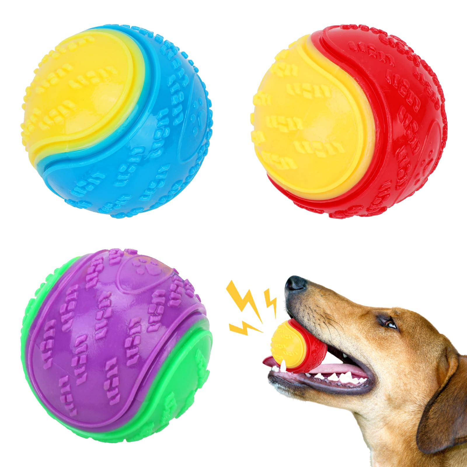 QKURT 3 Pieces Squeaky Dog Balls, Indestructible Dog Ball Toys, High Bounce Rubber, Teeth Training, Interactive, for Puppy Medium Large Dogs