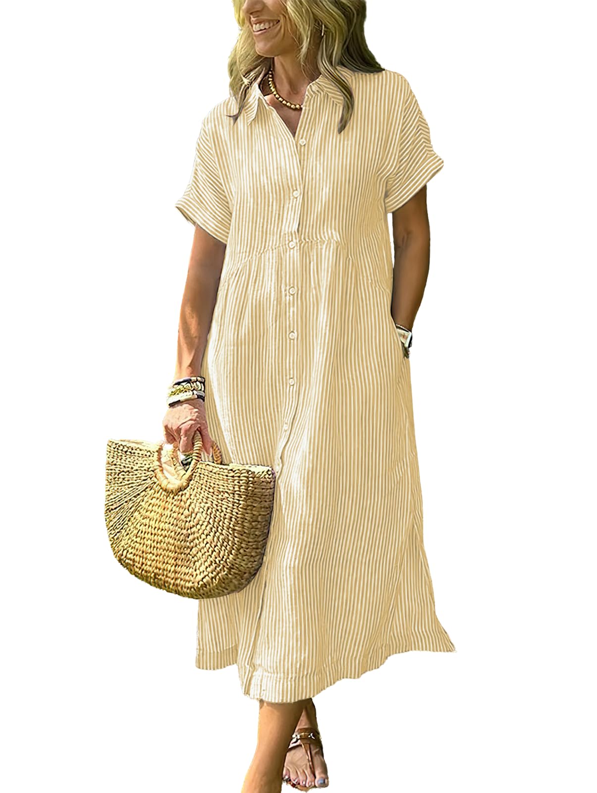 Photo 1 of (MEDIUM) ebossy Women's Boho Striped Shirt Dress Button Up Side Slit Loose Mid Long Cotton Dress with Pockets (M, Yellow)