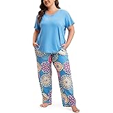 MUKVIK Plus Size Pajamas for Women Set, Womens Short Sleeve Tops and Long Pants Soft Pjs Lounge Sets with Pockets
