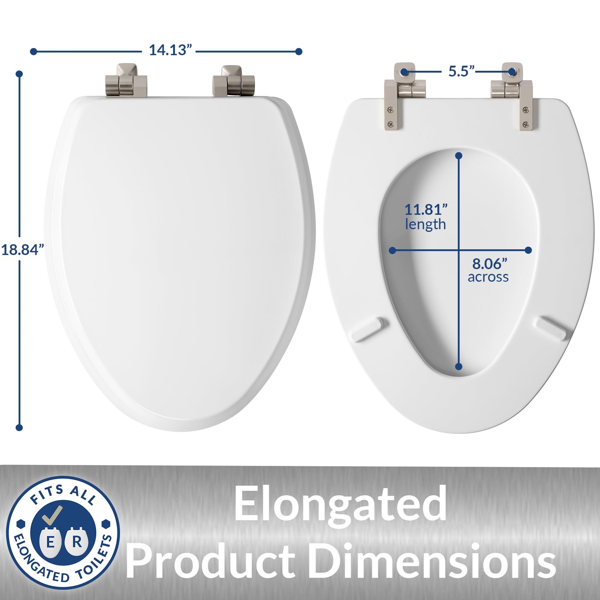 Mayfair Bennett Toilet Seat with Brushed Nickel Hinges, Slow Close Wood Seat, Secure Metal Hinges, Easy Install, Elongated, White