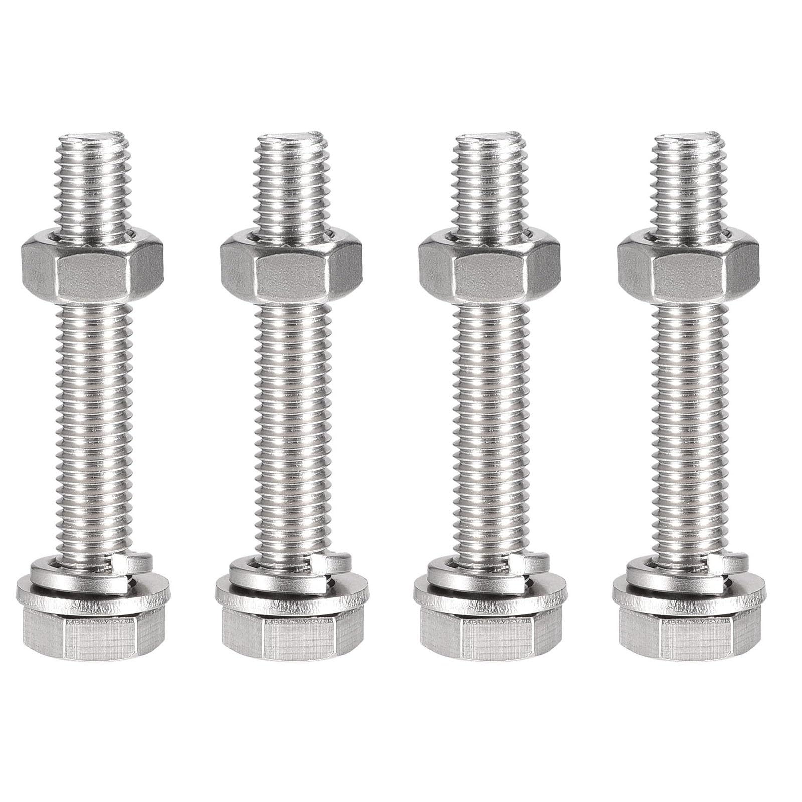 TOP-VIGOR 4Pcs M10 x 60mm Hex Head Screws Bolts, Nuts, Flat & Lock Washers Kits, 304 Stainless Steel Fully Thread Hexagon Bolts for DIY Bike Motorcycles Repair