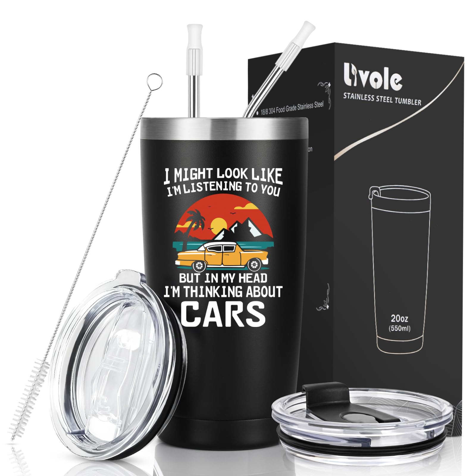 Livole Gifts for Car Lovers, Petrol Head, Christmas for Men, Dad, Uncle, Him, Brother, in My Head I’m Thinking About Cars, Car Mug, Cars Enthusiast Gifts for Him, 20oz Vacuum Wine Glasses