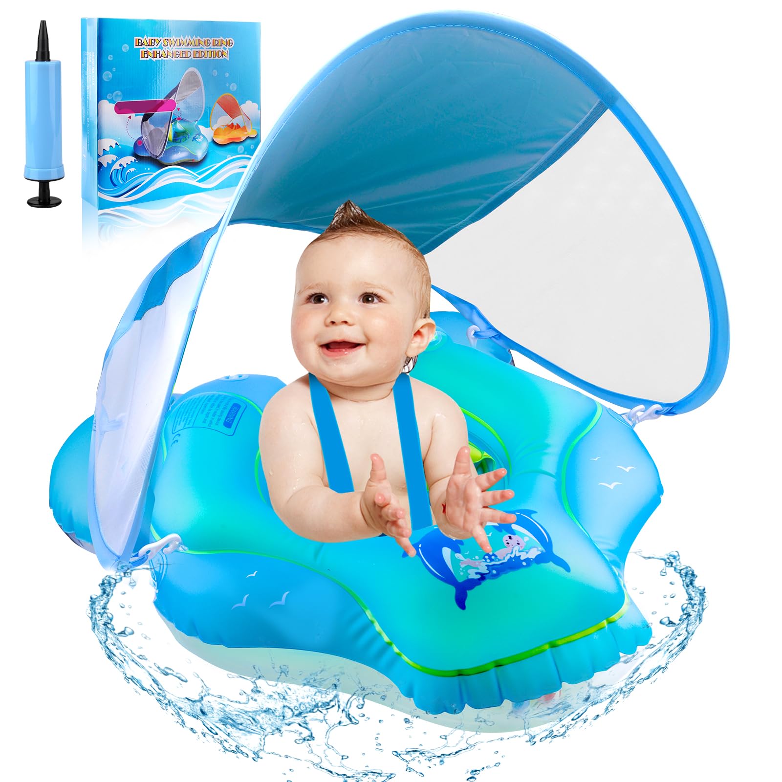 Baby Swimming Float, Baby Pool Float with Canopy, Inflatable Whale Baby Swimming Ring with Safety Seat, Fun Water Toys Bathing Accessories for Age 3-36 Months Babies Toddlers Kids Infant