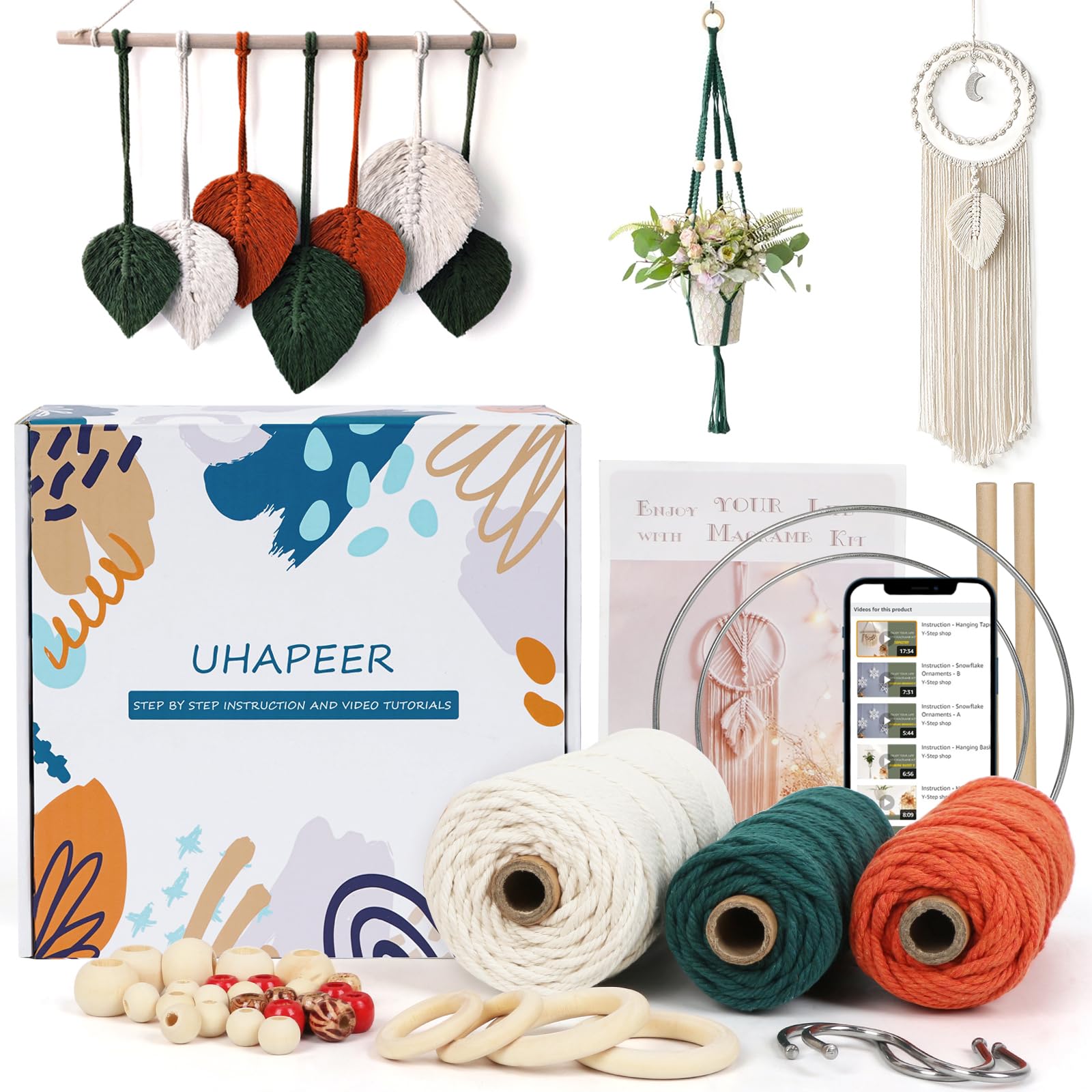 UHAPEER DIY Macrame Kit, 656 Feet Macrame Cord Kit for Beginners Adults with Instructions, Natural Cotton, Wood Rings, Wood Sticks, Colour Beads, Wall Hanging Plant Hanger Kit for Home Room Decor