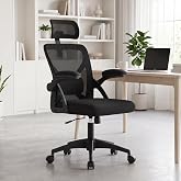SONGMICS HOME Ergonomic Mesh Desk Chair with Flip-Up Armrests and Headrest | Computer Office Chair in Ink Black, with Lumbar Support, Features sponge seat and 90-105&deg; tilt for home office