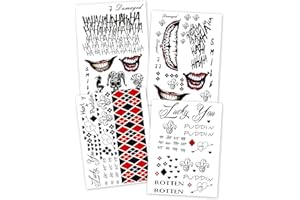 KOTBS 3-Pack Large Cosplay Clown Prince JOKAR & HARLI QUYNN Temporary Tattoos – 8.2 x 11.6 Inch Fake Tattoos for Cosplay, Halloween, and Parties
