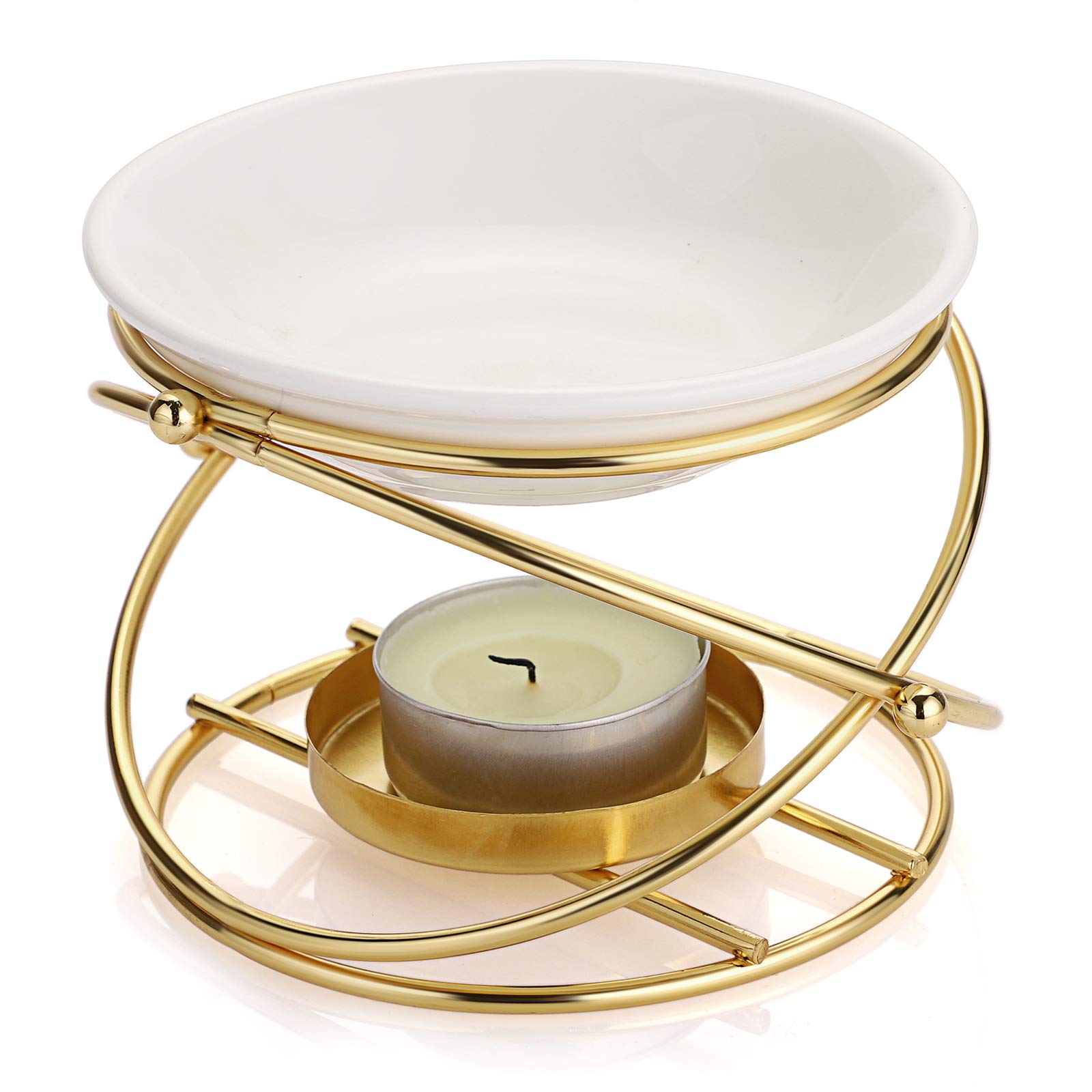 BSTKEY Metal Essential Oil Burner Wax Melt Burner with Ceramic Bowl, Home Decorative Tea Light Candle Holder Aroma Diffuser, Round Shape (Gold)