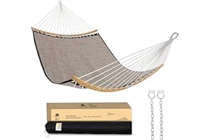 Patio Watcher 14 FT Double Hammock with Curved-Bar Bamboo, Outside Quick Dry Two Person Hammock with Olefin Fabric,Comfortable, Weather-Resistant,450 lbs Capacity, Mocha