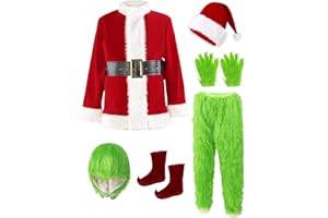 Buheco Christmas Costume for Men 7PCS Deluxe Adult Santa Outfit Suit Furry Professional Xmas Halloween Monster Cosplay Adults