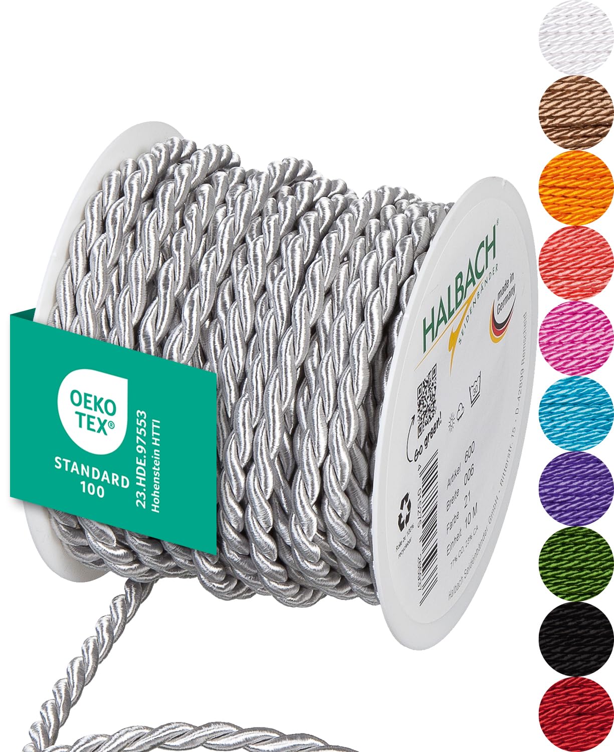 Halbach Seidenbänder Premium Cord (Light Grey) | Width 6 mm Length 10 m | Made in Germany & Oeko-Tex Certified | Shiny Satin Cord Made of Acetate