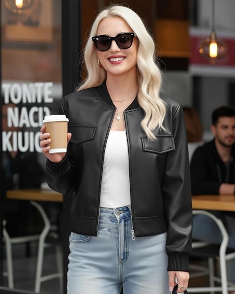 OMMIIVEX BLACK WOMEN LEATHER JACKET FAUX CROPPED BOMBER COAT FALL SPRING FASHION 2025 LADY OUTFIT CUTE LIGHTWEIGHT WINDBREAKER WATERPROOF ZIP UP LIGHT CASUAL SHORT VINTAGE FAVORITES GOING OUT