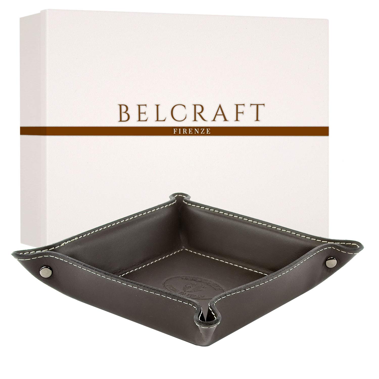 BELCRAFT Orvieto Leather Tidy Tray, Handmade Classic Italian Style, Key Wallet, Coin Box, Dark Brown (19x19 cm)