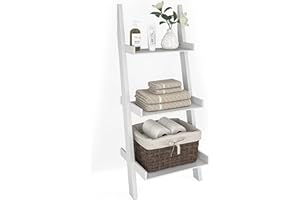 Ballucci 3-Tier Storage Ladder Shelf and Organizer, Modern Wood Leaning Ladder Bookshelf, Ladder Bookcase, Small Book Shelf, Narrow Bookshelf for Bedroom, Living Room, Kitchen, Bathroom, White