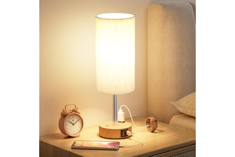 Touch Bedside Table Lamp with Memory - Stepless Dimmable Lamp for Bedroom, Small Nightstand Lamp with Dual USB Charging Ports and AC Outlet, Wood Night Light, Deak Lamp for Nursery, Living Room, Dorm