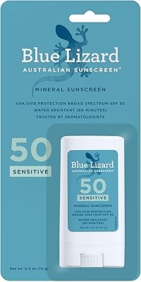 BLUE LIZARD Sensitive Mineral Sunscreen Stick with Zinc Oxide, SPF 50+, Water Resistant, UVA UVB Protection Easy to Apply, Fragrance Free, 0.5 Oz
