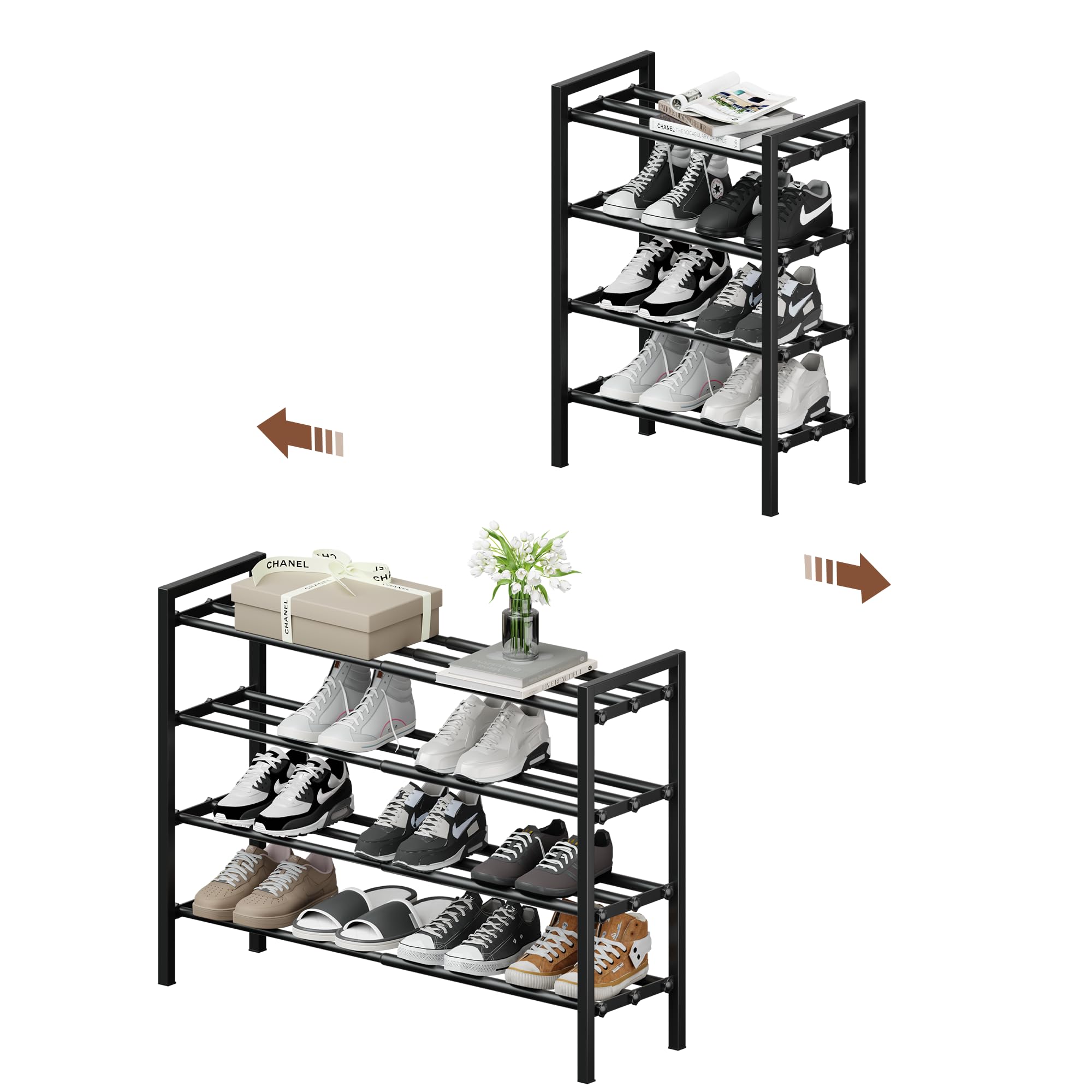 HDDTTZ 4-Tier Expandable Shoe Rack, Adjustable Shoe Shelf Storage Organizer Heavy Duty Metal Free Standing Shoe Rack for Entryway Closet Doorway (Black)