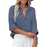 Diosun Womens Casual Button Down Shirts V Neck Long Sleeve Cotton Loose Fit Plain Work Blouse Tops with Pocket