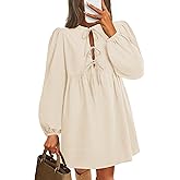ZESICA Women's Dress Fall Long Puff Sleeve Self Tie Front Babydoll A Line Pleated Cute Mini Tunic Dresses 2026