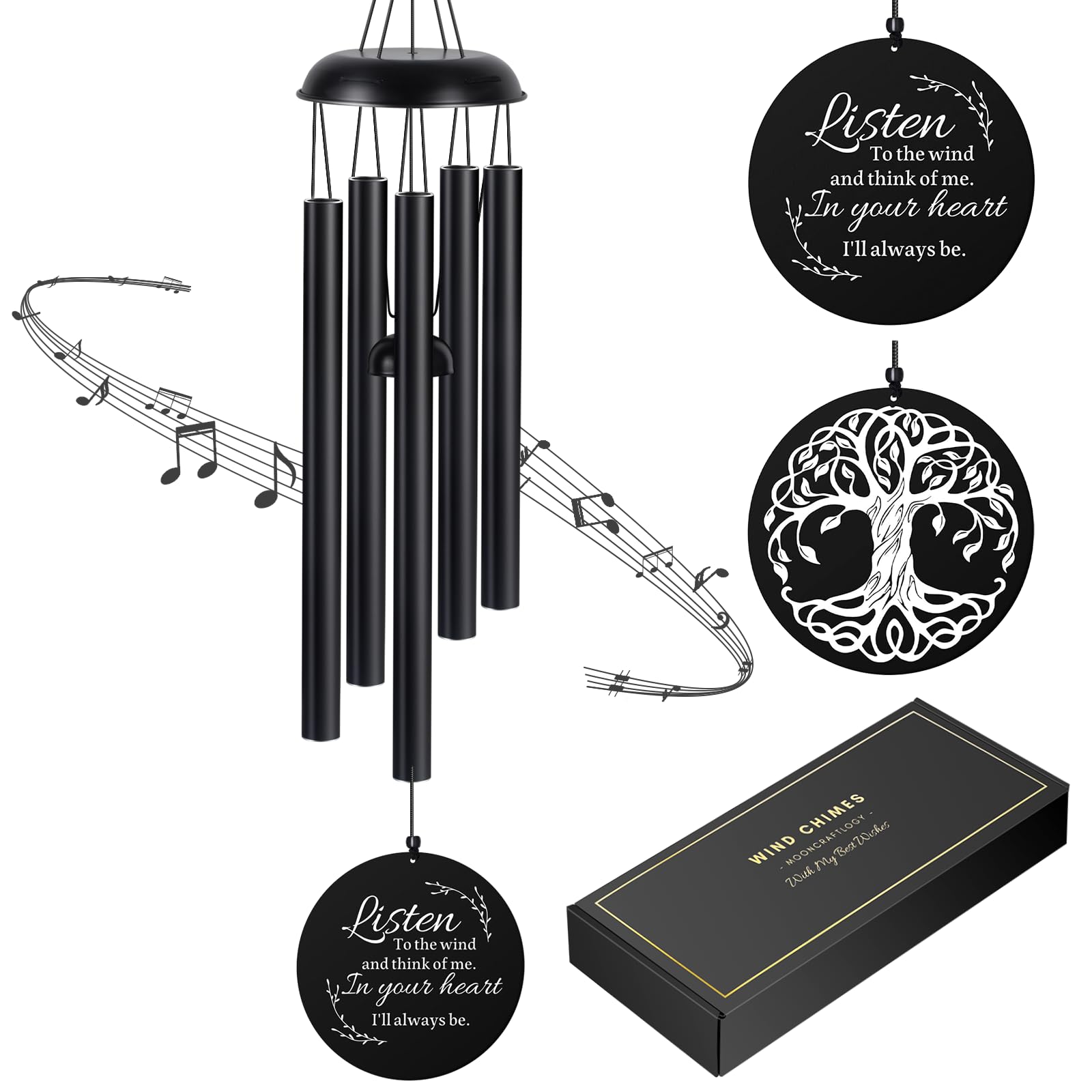 Sympathy Wind Chimes for Loss of Loved One, Memorial Windchimes for Lost Father Mother Friends, Remembrance Bereavement Gift with Card, in Memory Deep Tone Metal Windchime for Garden (39“-Black)