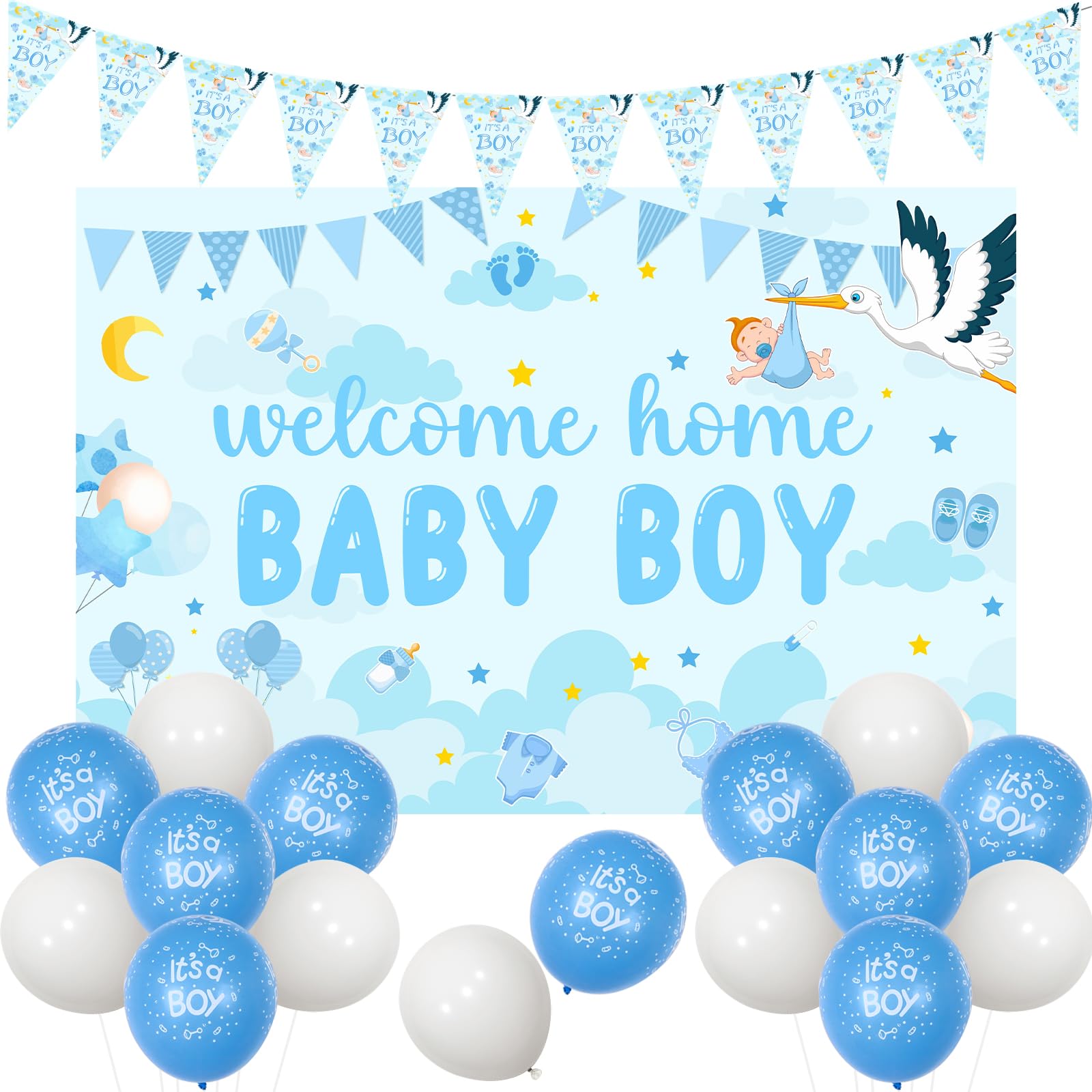 Fangleland Baby Shower Decorations Blue, Welcome Home Baby Boy Backdrop It's a Boy Bunting Banner Balloons Photo Booth Props for Gender Reveal Party Supplies