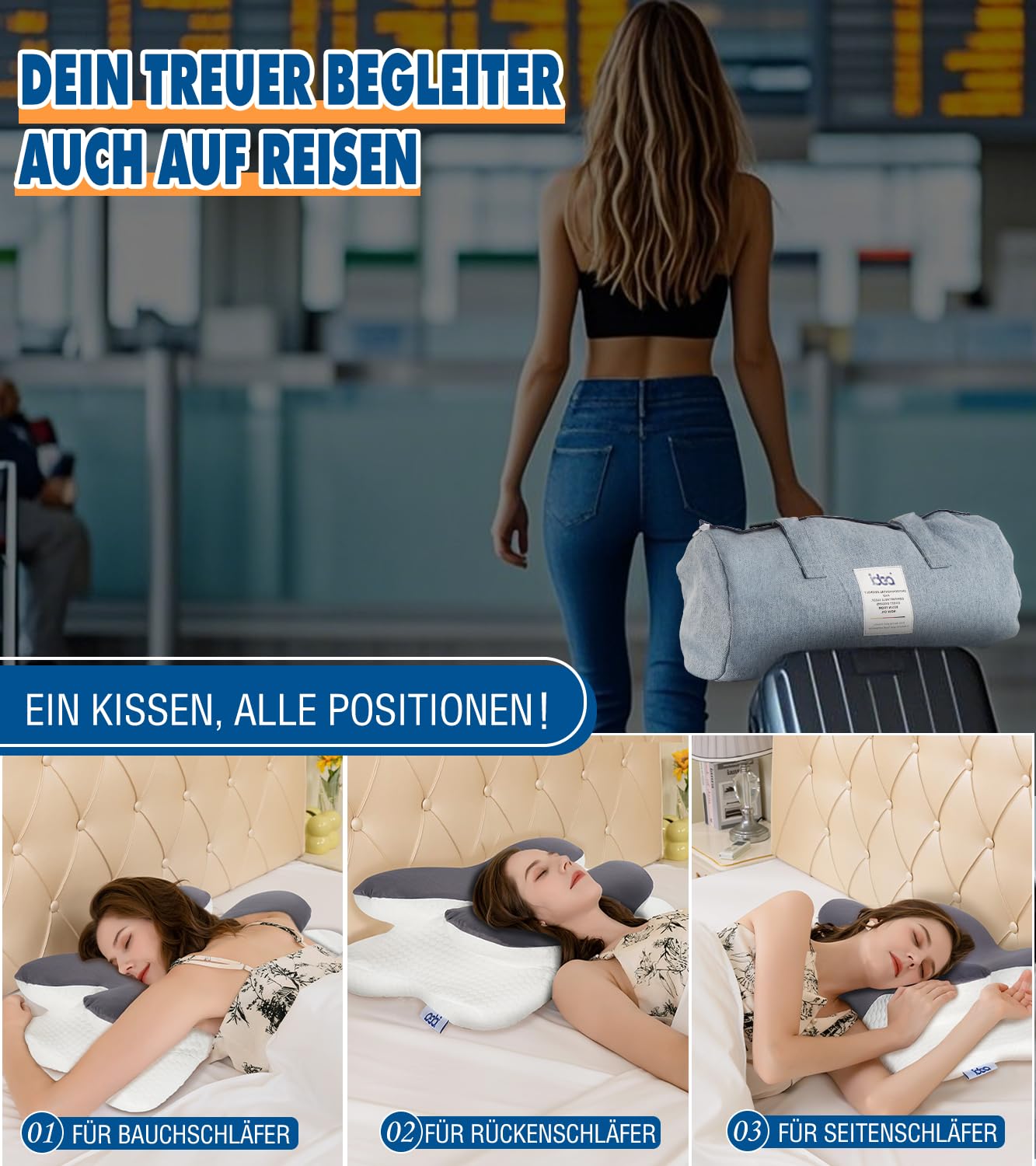 IDEA Nackenstützkissen aus Memory Foam, ergonomisches Kopfkissen & orthopädisches Kissen mit Kühlbezug, gegen Nackenschmerzen und Schnarchen, für Seiten-, Rücken- und Bauchschläfer, 62x40 cm 3