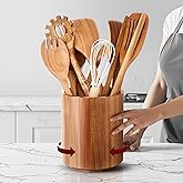 SiliFine 11 Pcs Wooden Kitchen Utensils Set with 360° Rotating Holder 7.3" x 5.9" Acacia Wood Cooking Utensils with Holder Cooking Spoons Spatulas for Nonstick Cookware Countertop Kitchen(Natural)