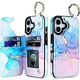 HAOPINSH Wallet Case for iPhone 17 with Card Holder, Pink Blue Marble Print Back Flip Folio PU Leather Kickstand Card Slots Case, Finger Grip Ring Double Magnetic Clasp Shockproof 6.3"
