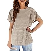 Women's Stirped Print Ruffle Short Sleeve T-Shirt Summer Tops Casual Round Neck Loose Fit Blouse Shirts