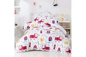 BESTDESIL Kids Duvet Cover Set Twin, Cartoon Car Truck Bedding Set for Boys Girls, 3 Pieces Soft Breathable Fire Engine Printed White and Red Comforter Cover Set