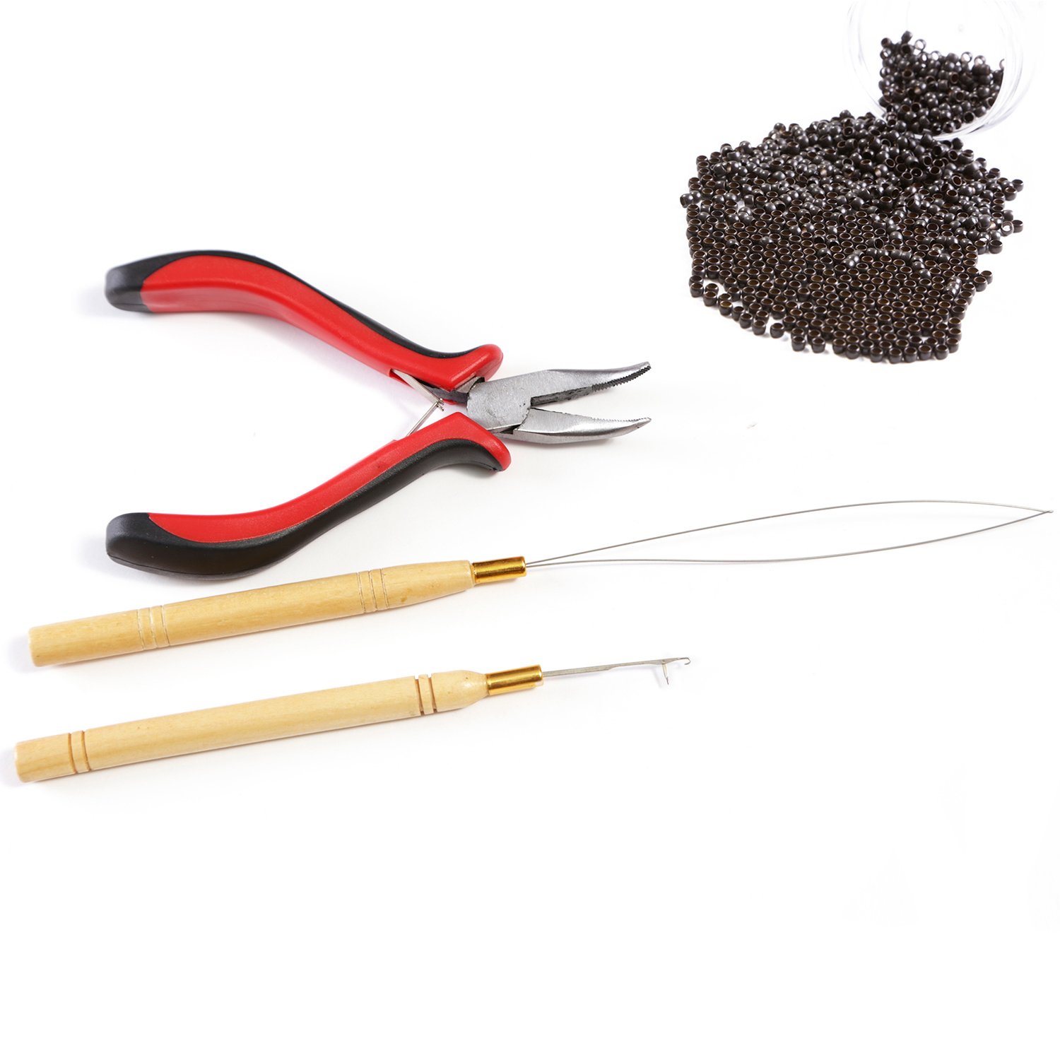 3pcs Kit for Nano Ring Link Hair and Feather Extensions: Pliers, Micro Pulling Needle, and Loop Threader (Dark Brown)