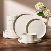 Famiware Ceramic Plates and Bowls Set, Dinnerware Sets, Ribbed Dishes for 4 | 12-Piece Stoneware Dishware, Lipped Edges, Chip &amp; Scratch Resistant, Microwave &amp; Dishwasher Safe, Everyday Use, Oat White